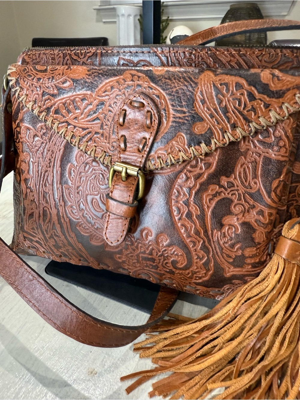 Patricia Nash Chestnut Tooled Leather Crossbody with Tassel - Picture 3 of 13